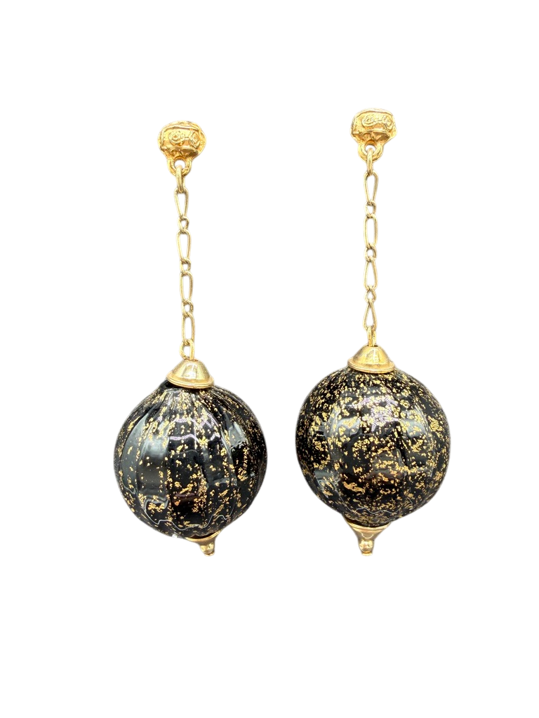 1970s Gold-Tone Stud & Chain Drop Earrings with Black & Gold Speckled Glass Beads