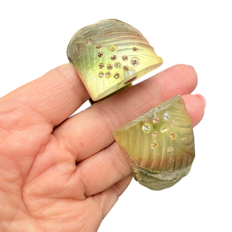 1990s Alexis Bittar Hand-Carved Lucite Leaf Clamper Bangle with Swarovski Crystals