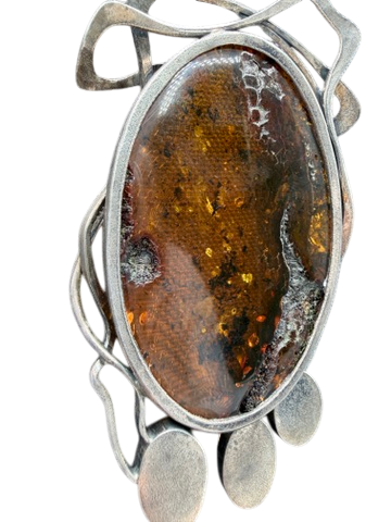 1960s Sterling Silver Artisan Scroll Pendant with Amber Drops