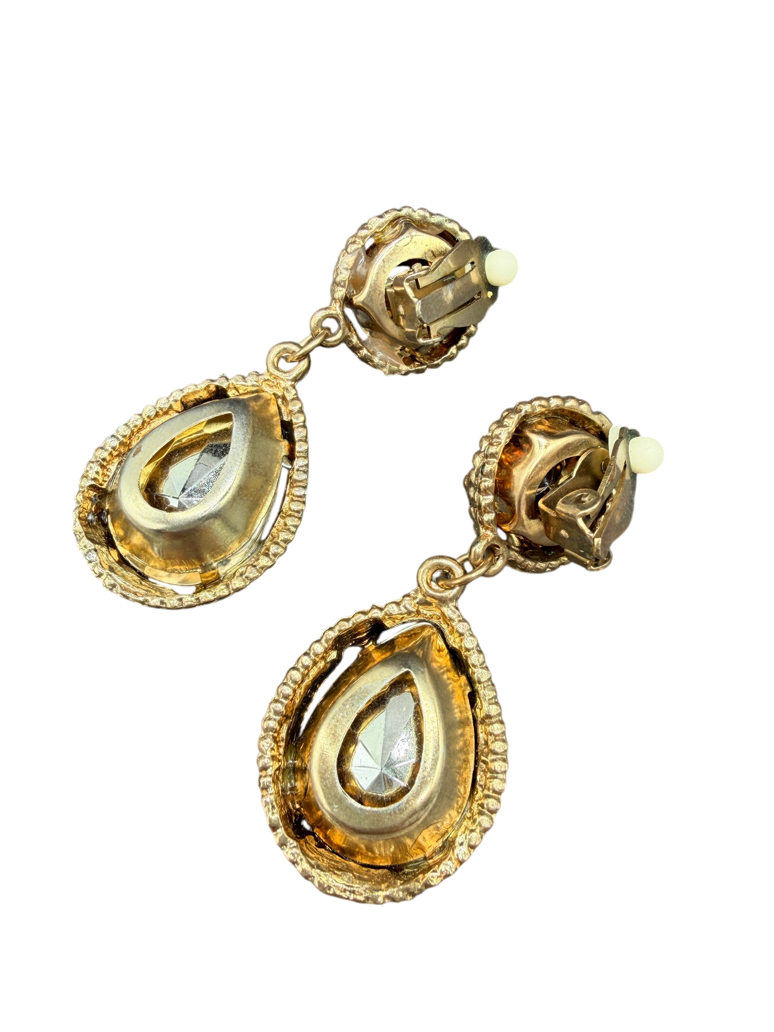 1960s Gold-Tone Rope Cage Drop Earrings with Encased Rhinestone