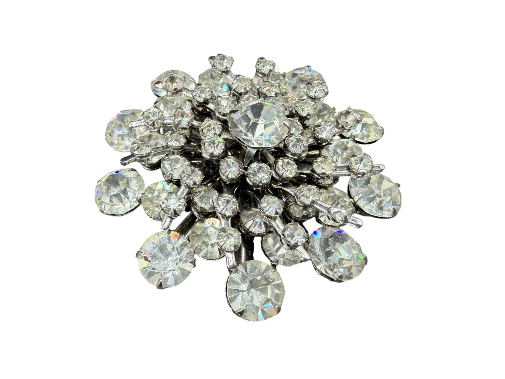 1950s Starburst Cluster Brooch with Prong-Set Clear Rhinestones