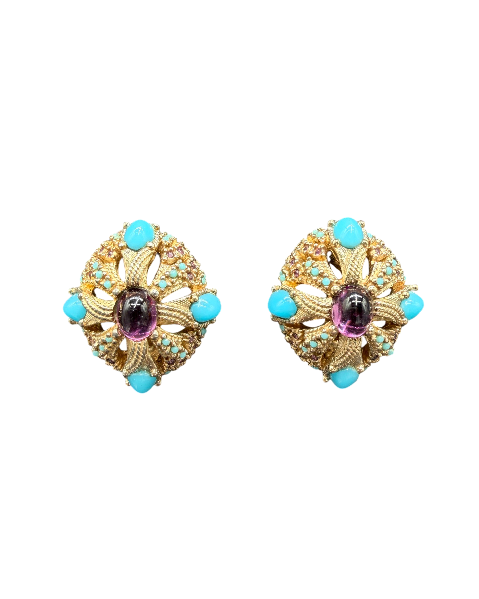 1960s Ciner Gold-Tone Openwork Clip Earrings with Purple Glass and Turquoise Detail