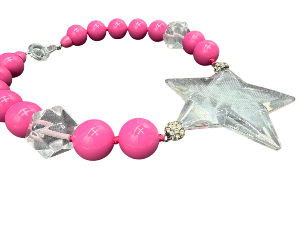 Rare 1980s Amen Wardy Pink & Clear Lucite Beaded Necklace with Star Detail