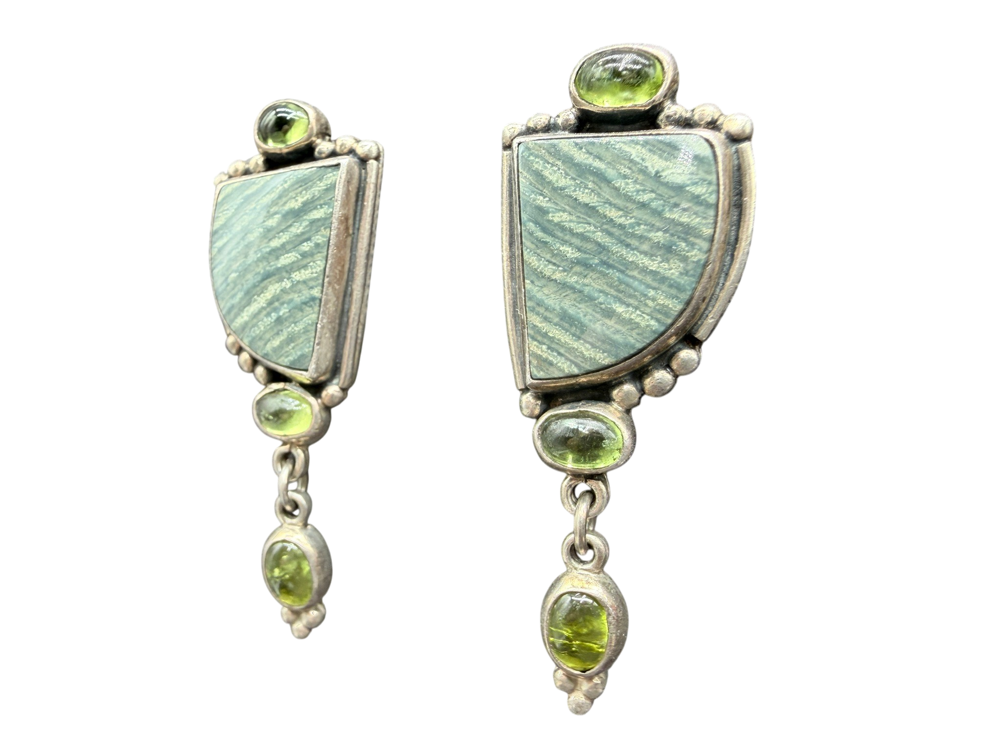 1980s Sterling Silver Green Jasper Clip Earrings with Peridot Drop