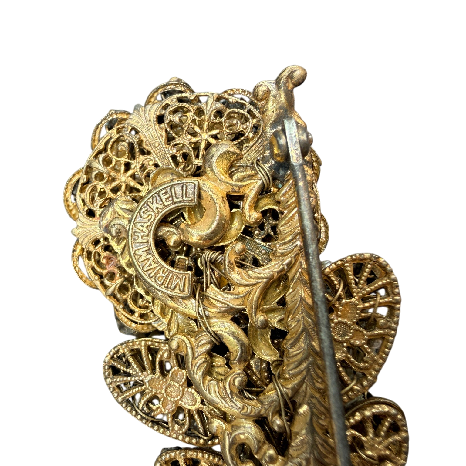 1960s Miriam Haskell Gold-Tone Floral Brooch with Rhinestones and Pearls