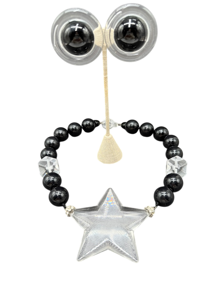 Rare 1980s Amen Wardy Black & Clear Lucite Beaded Necklace and Earring Set with Star Detail