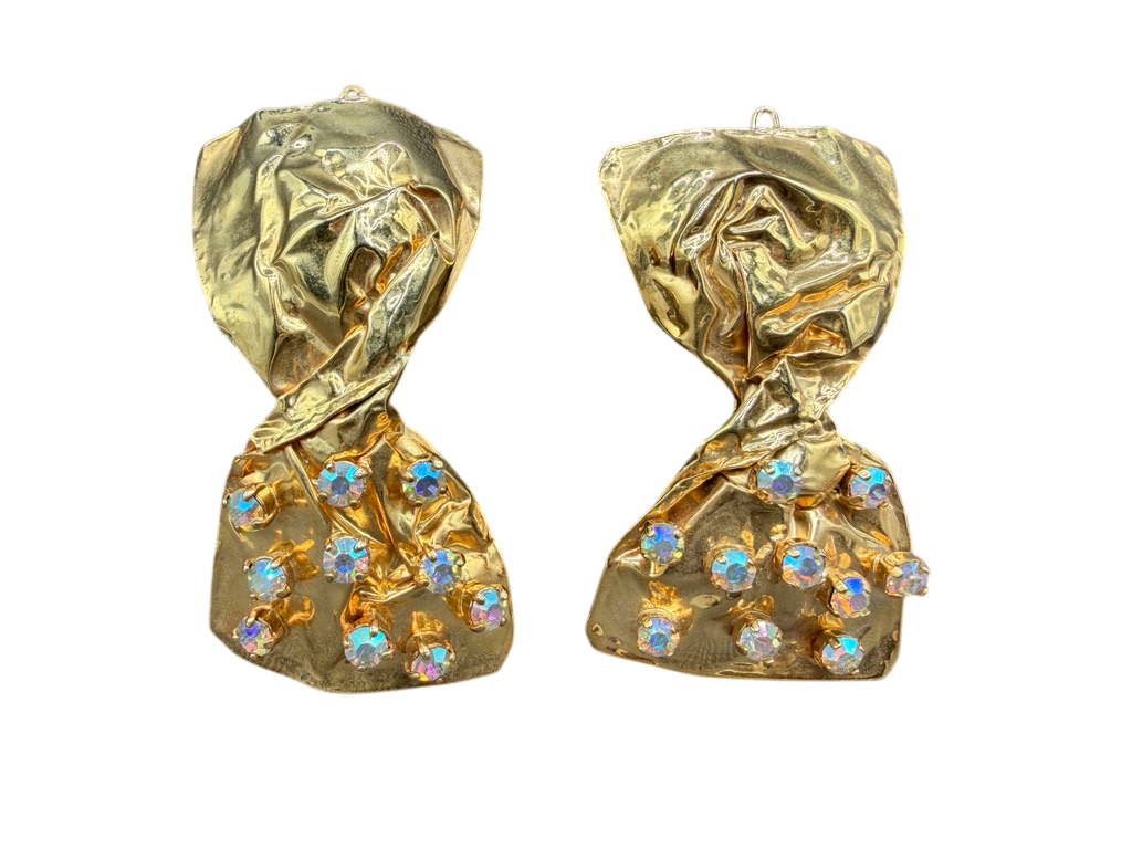 Rare 1980s Haute Couture Gianni De Liguoro Gold Crinkle Bow Hair Barrettes with AB Swarovski Rhinestones