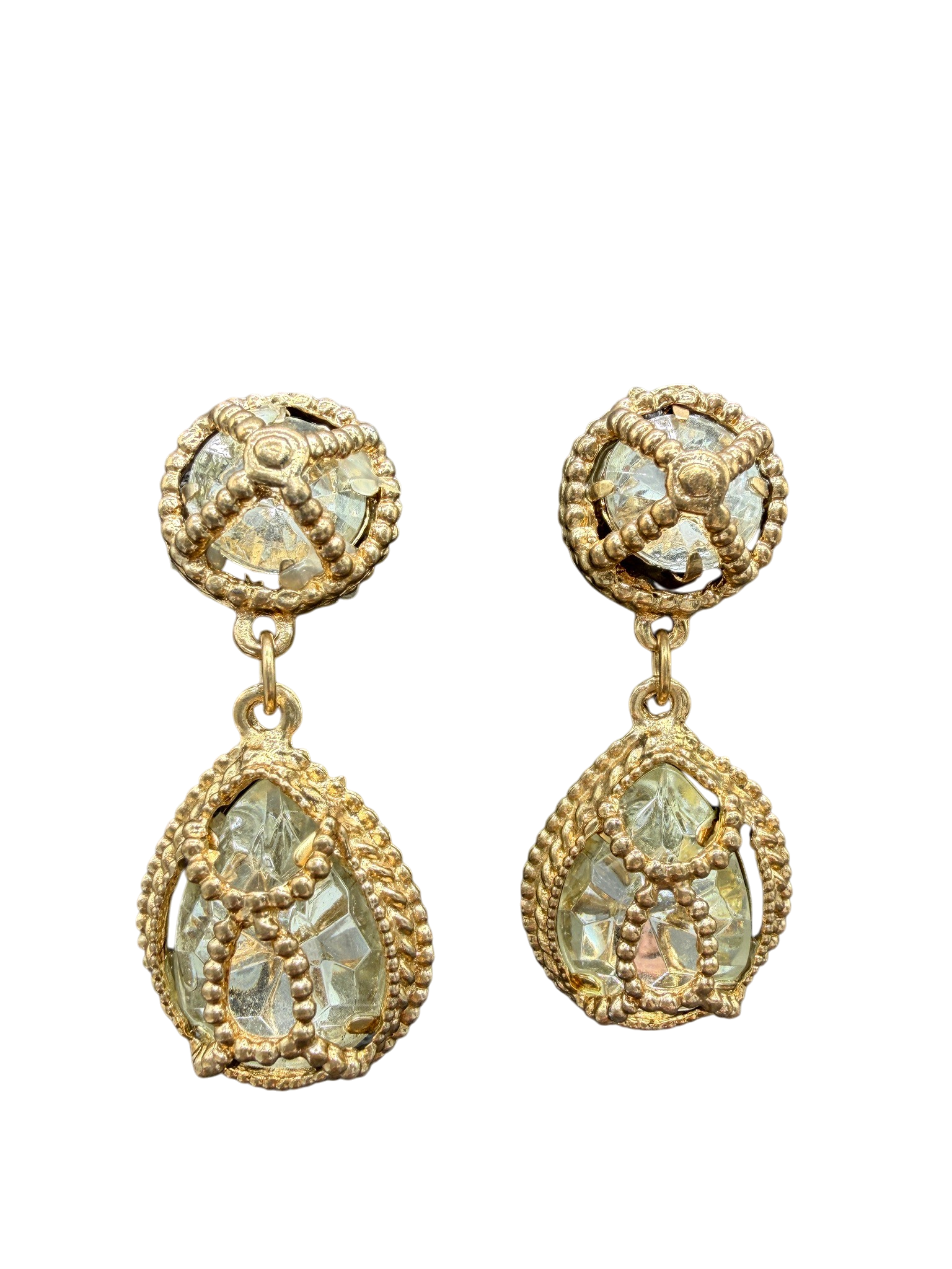 1960s Gold-Tone Rope Cage Drop Earrings with Encased Rhinestone