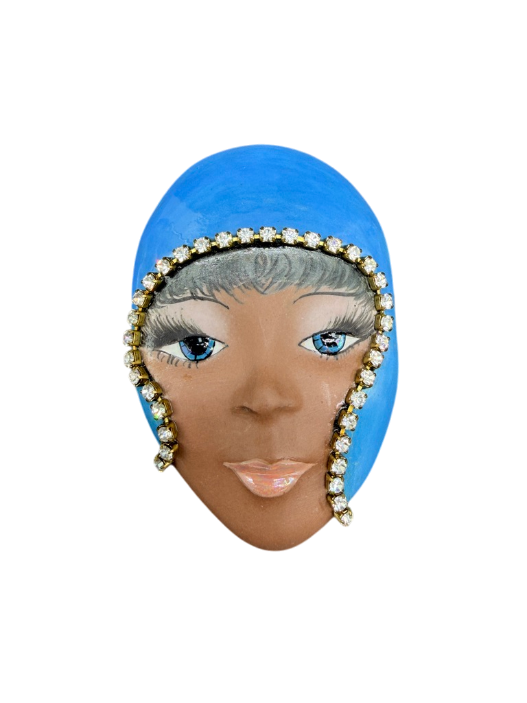 1980s Norma Hand-Painted Porcelain Face Brooch with Rhinestone Detail