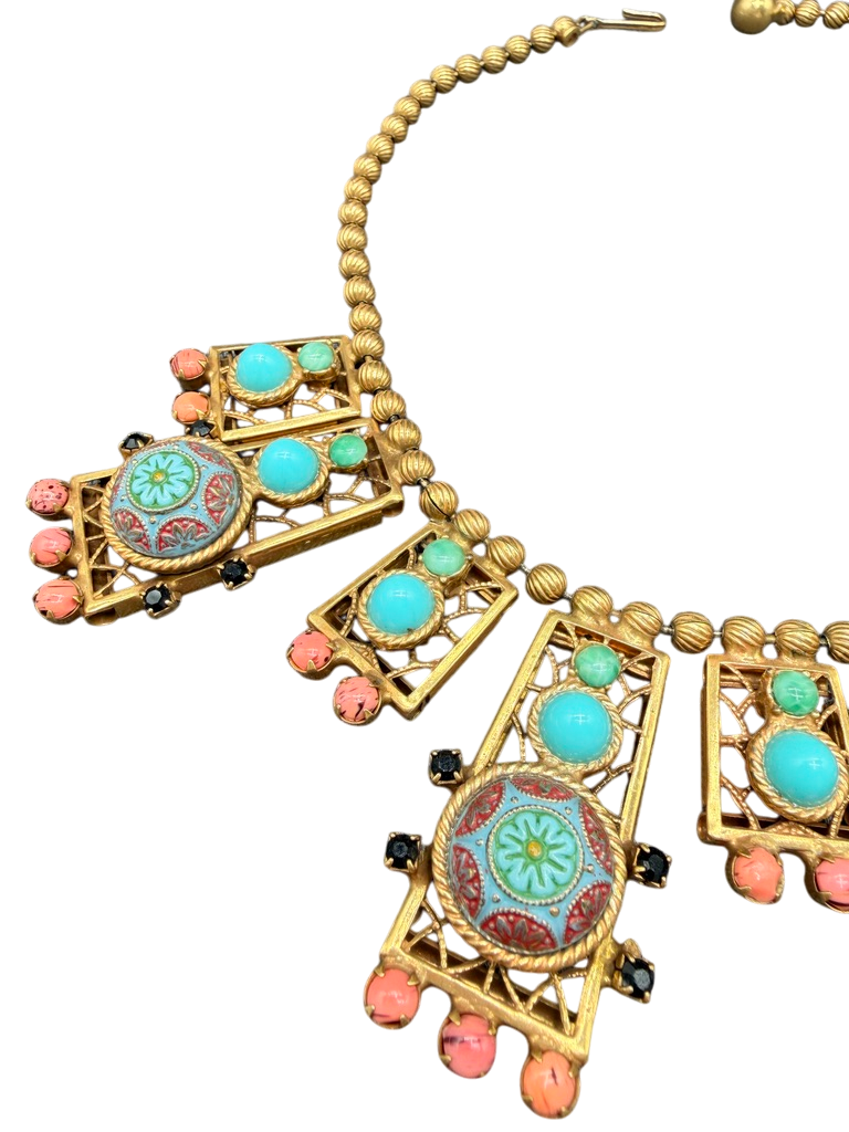 1950s Juliana D & E Moroccan Matrix Necklace with Faux Coral & Turquoise
