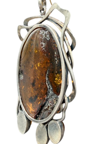 1960s Sterling Silver Artisan Scroll Pendant with Amber Drops
