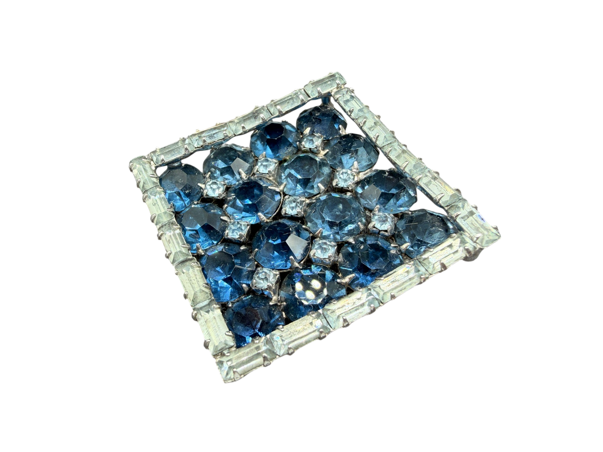 1950s Silver-Tone Square Brooch with Blue Rhinestones