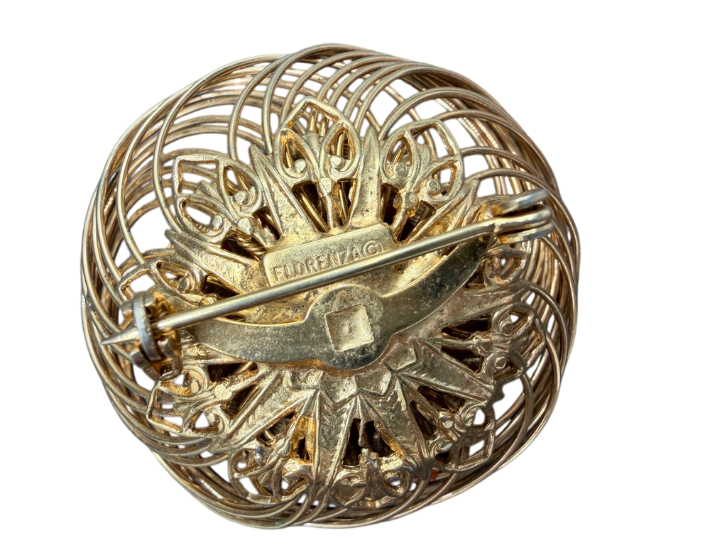 1950s Florenza Gold-Tone Bird’s Nest Brooch with Coral and Pearl Cluster