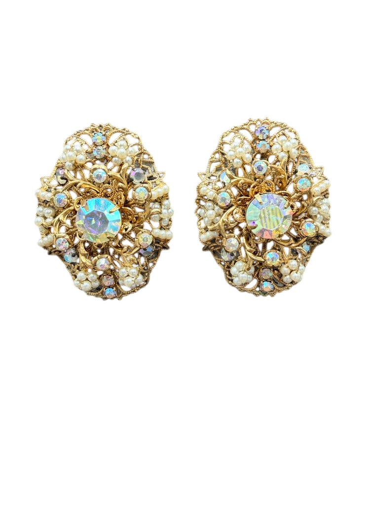 1950s Miriam Haskell AB Rhinestone & Faux Seed Pearl Statement Bracelet & Earring Set (Rare)