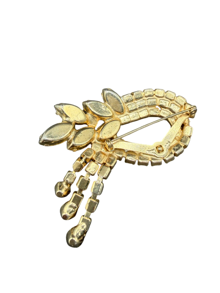 1960s Austrian Crystal Amber Oval Brooch with Triple Tassel Detail