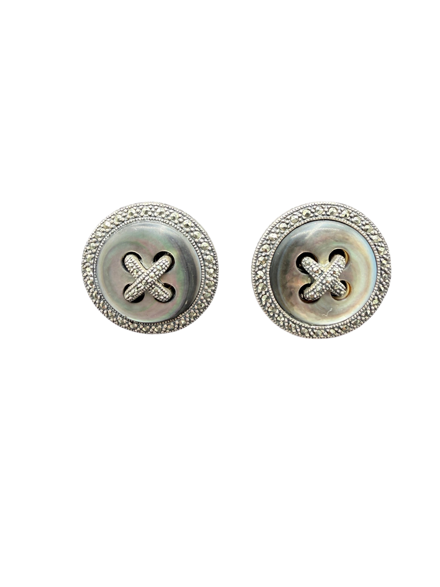 1980s Sterling Silver, Mother of Pearl and Marcasite Button Earrings
