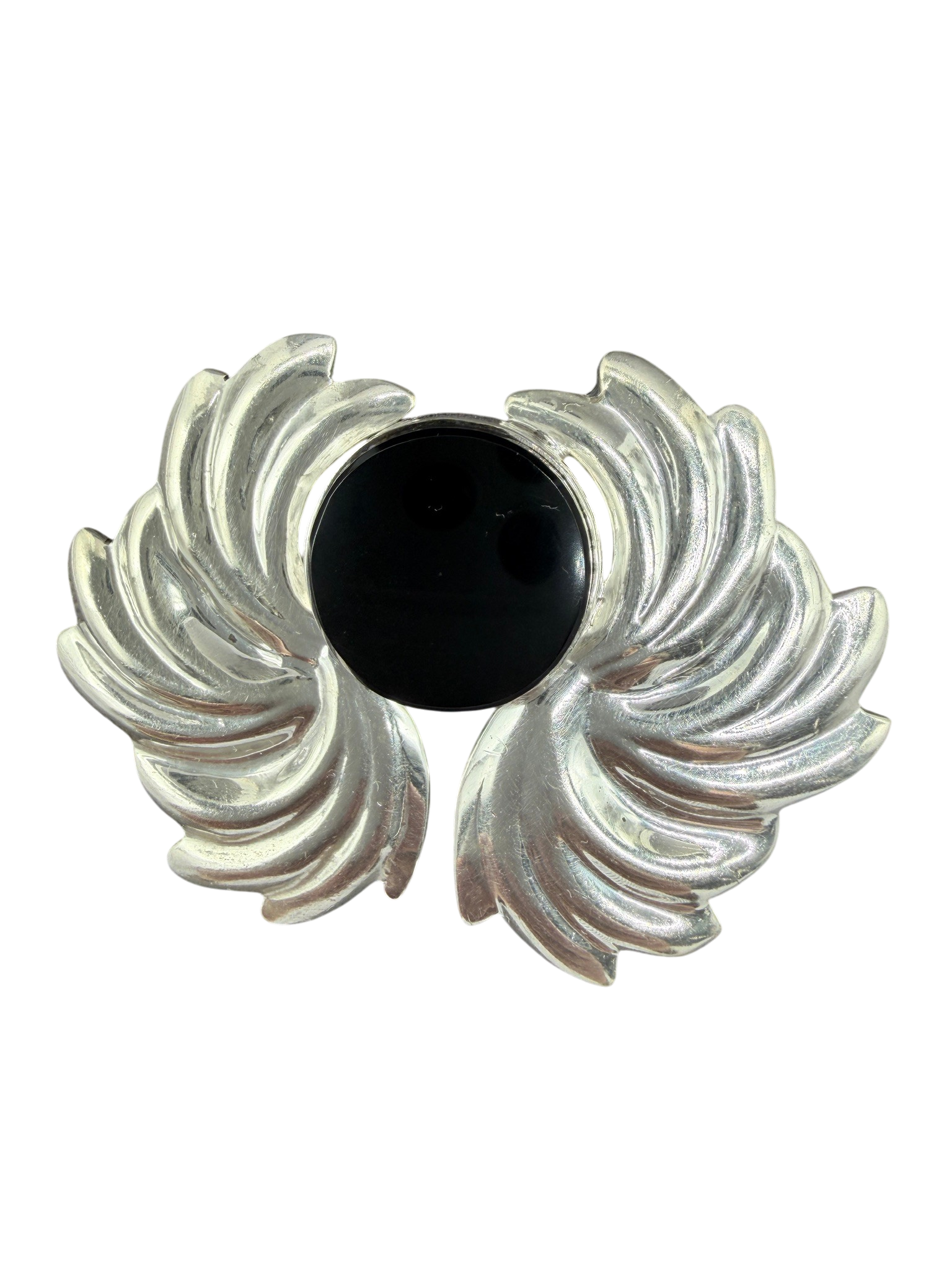 1960s Mexican Sterling Silver Wing Brooch with Onyx Center