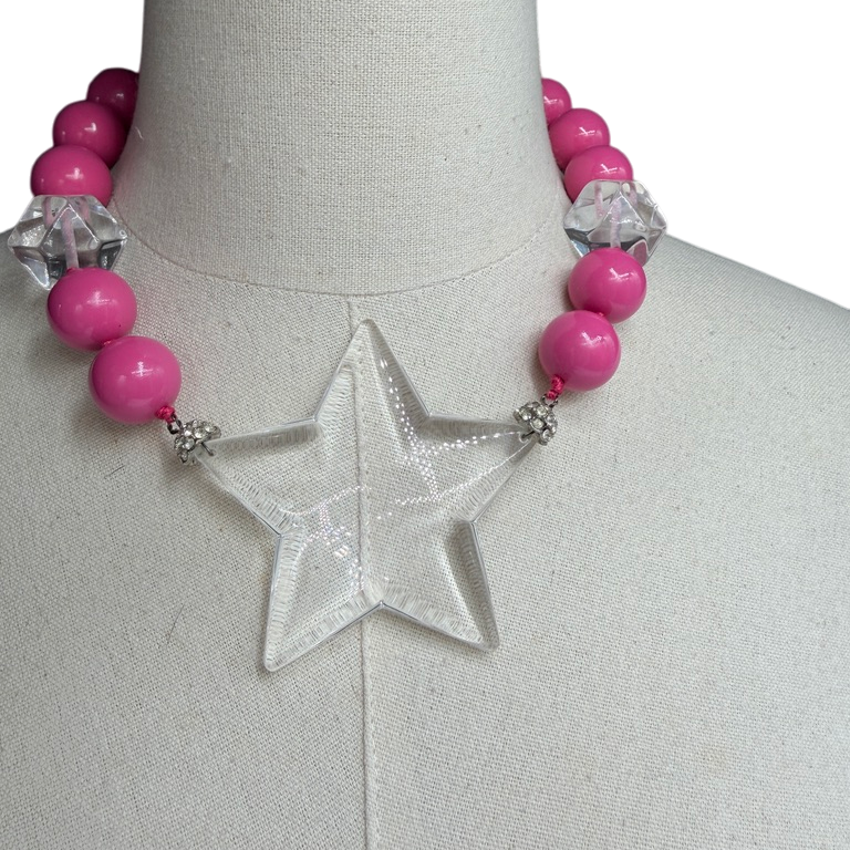 Rare 1980s Amen Wardy Pink & Clear Lucite Beaded Necklace with Star Detail