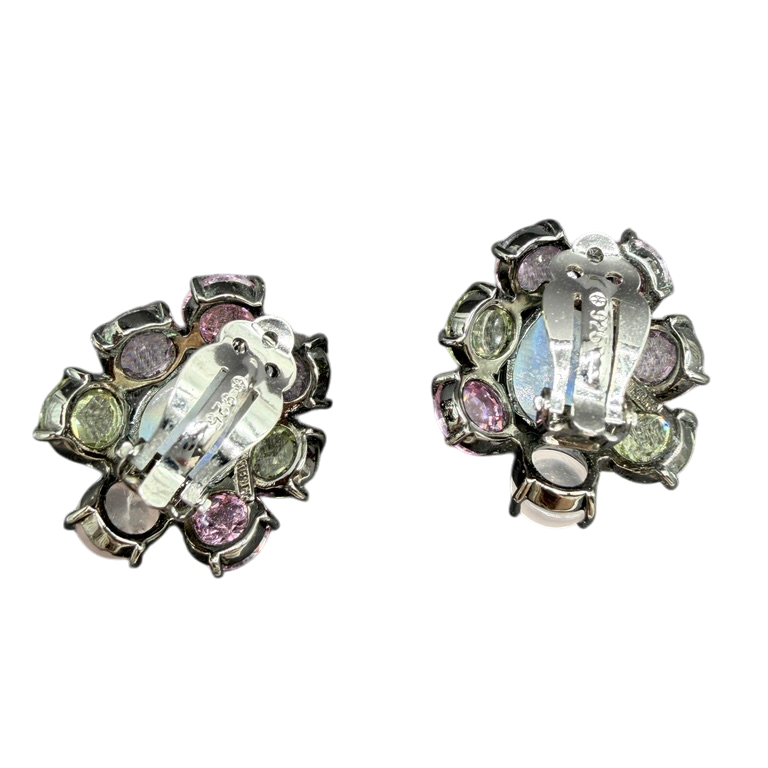 1980s Sterling Silver Teardrop Moonstone Clip Earrings with Pastel Crystals and Morganite