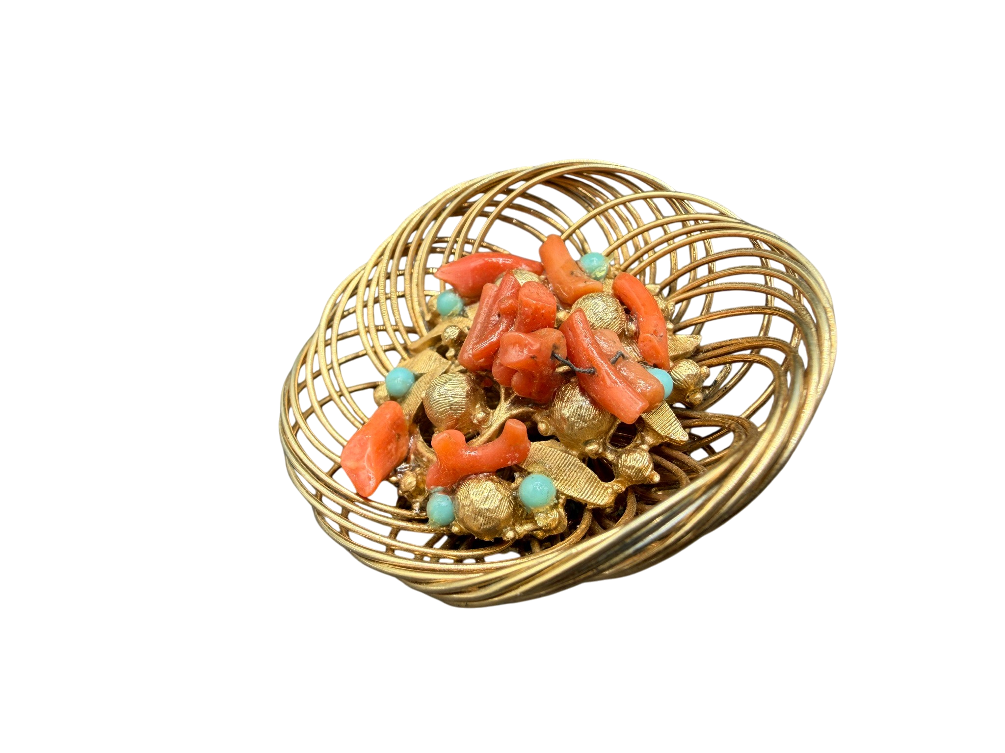 1950s Florenza Gold-Tone Bird’s Nest Brooch with Coral and Pearl Cluster