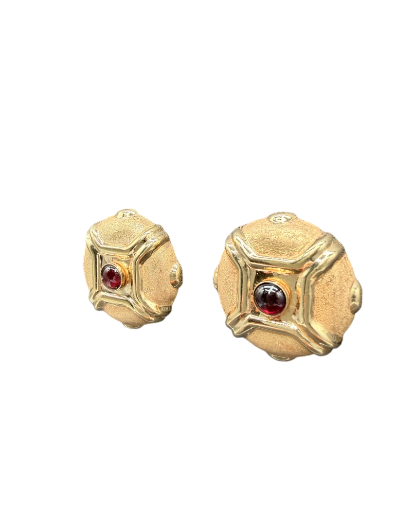 1980s 14K Gold Hollow Disc Clip Earrings with Garnet Cabochons
