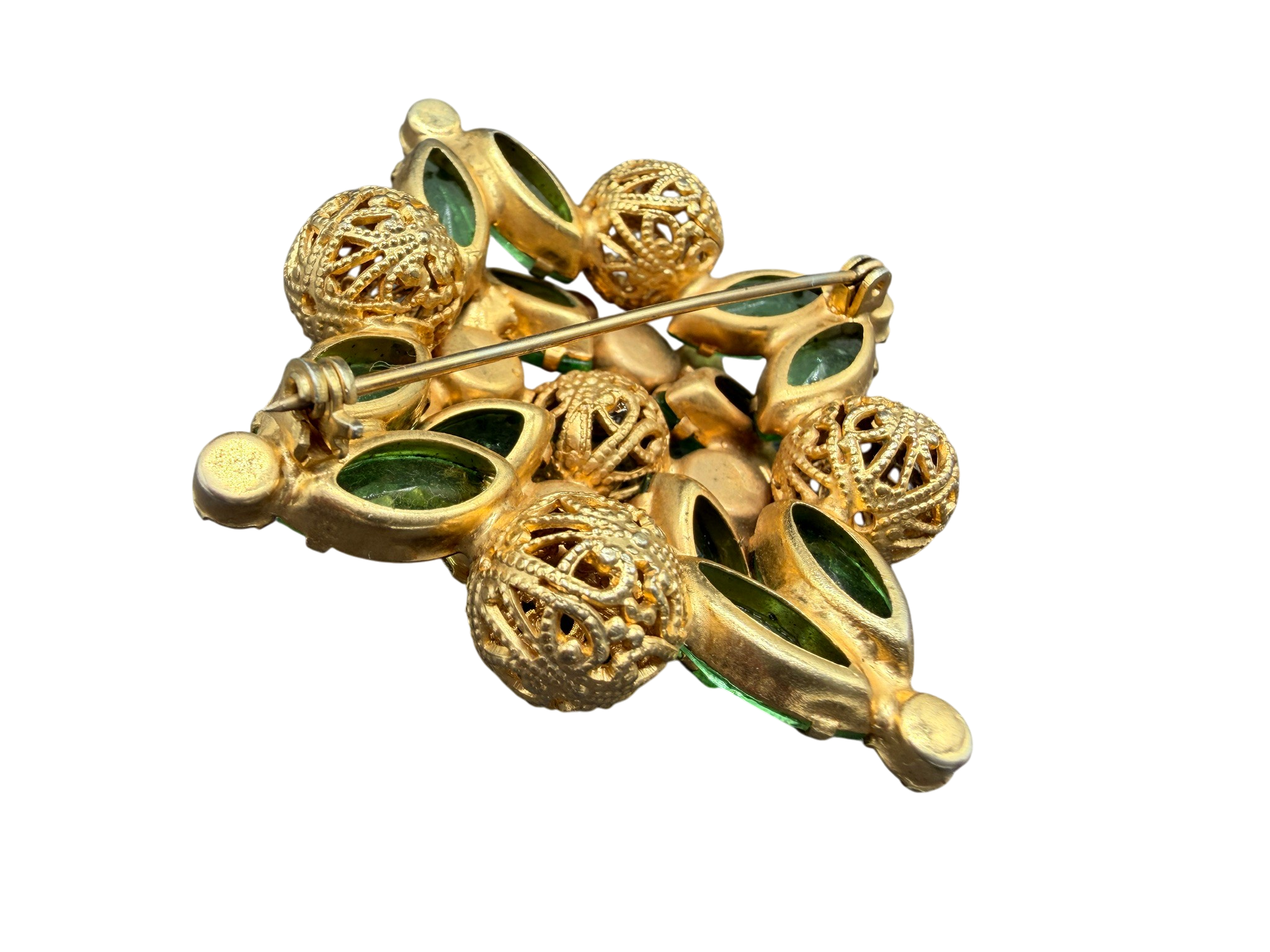 1950s Gold-Tone Diamond Shape Brooch with Filigree Beads and Green Austrian Crystals