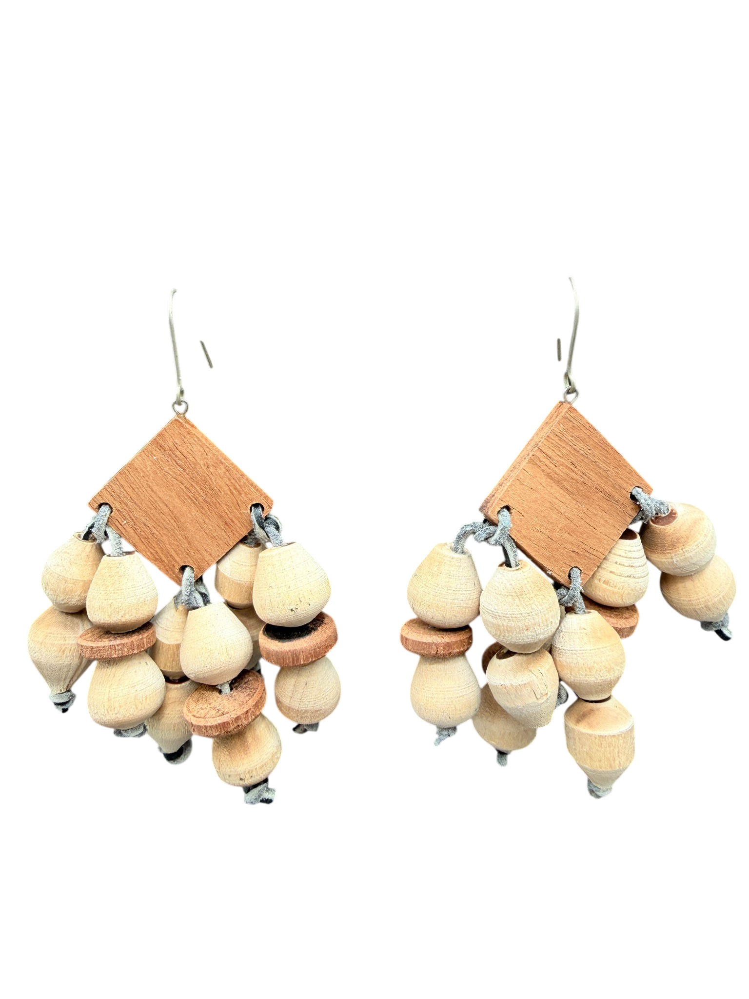 1970s Wooden Bead Dangle Earrings with Leather Straps