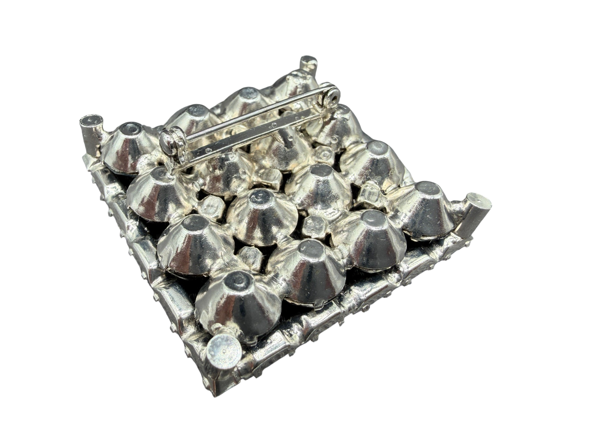 1950s Silver-Tone Square Brooch with Blue Rhinestones