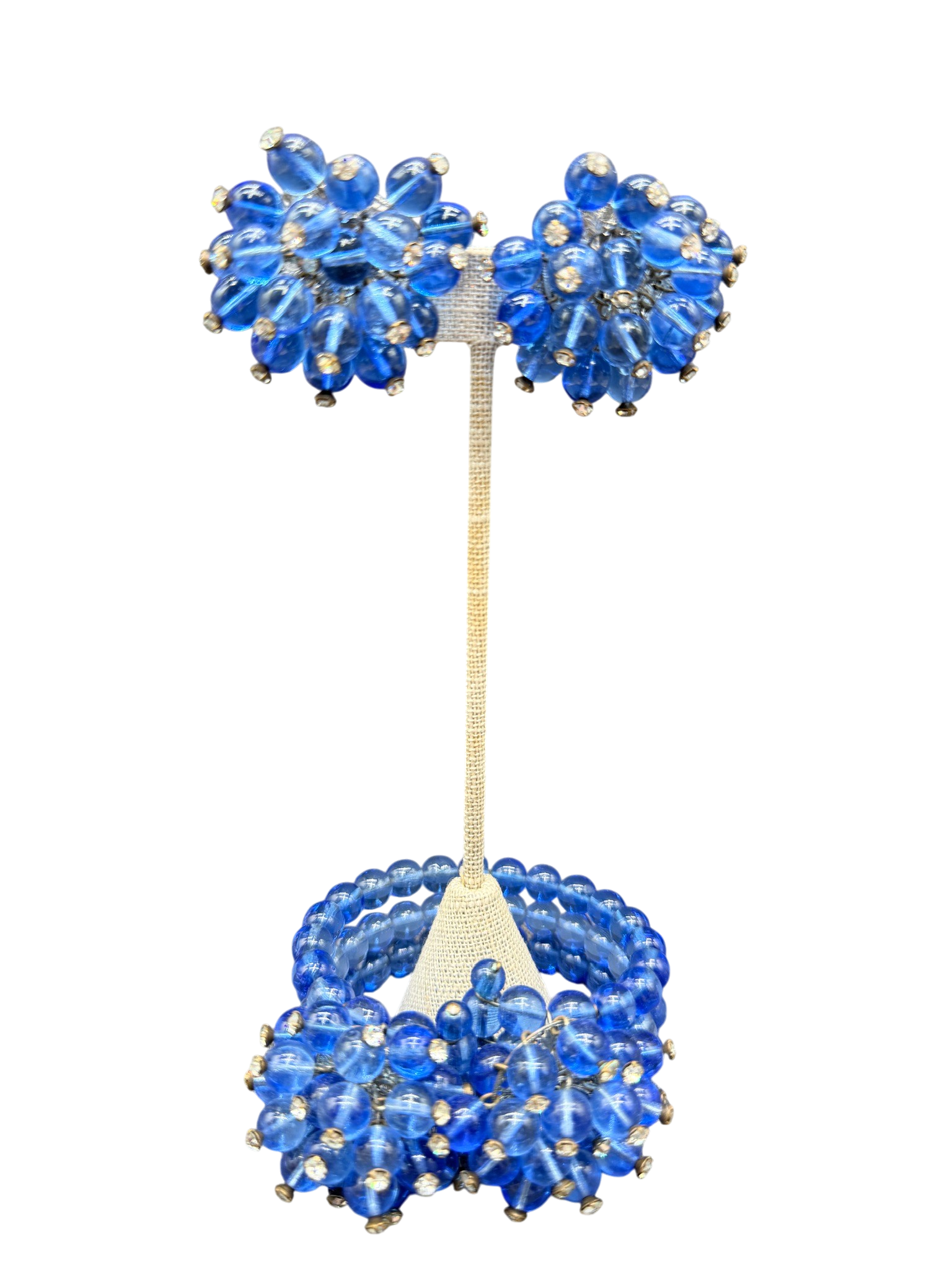 1950s Miriam Haskell Cobalt Glass Beaded Wire Clamper Bracelet with Dangle Ends and Matching Earrings