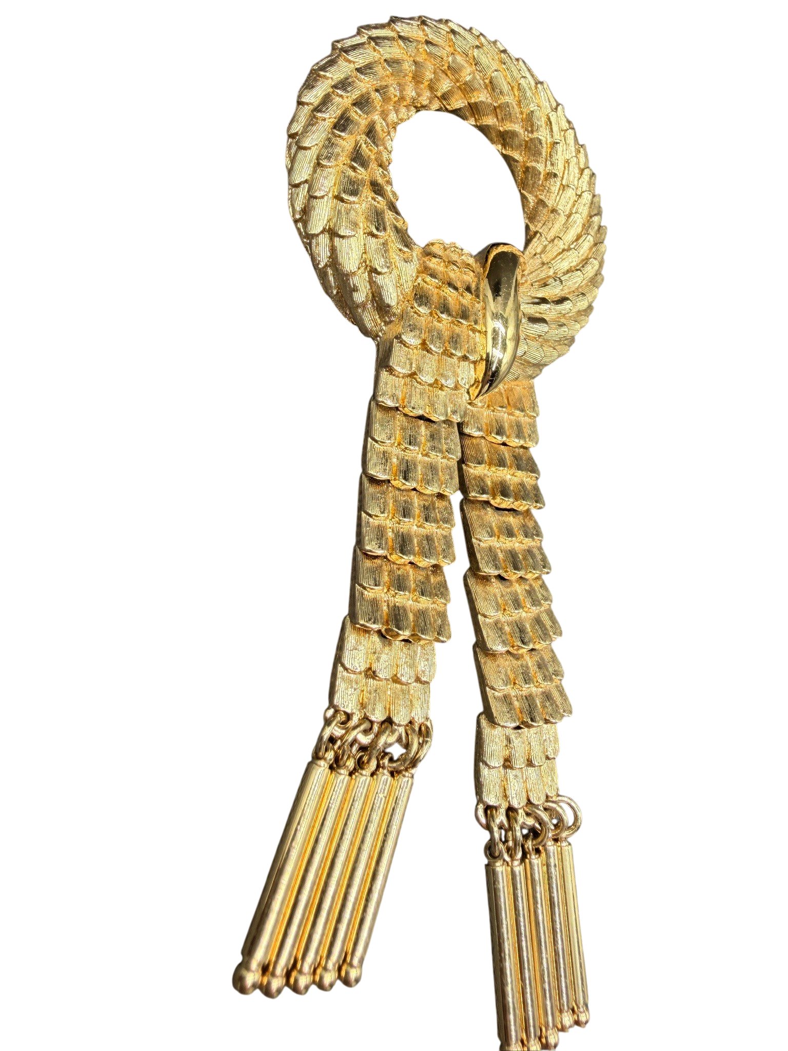 1960s Monet Rare Dragon Scale Ribbon Brooch with Articulated Dangles
