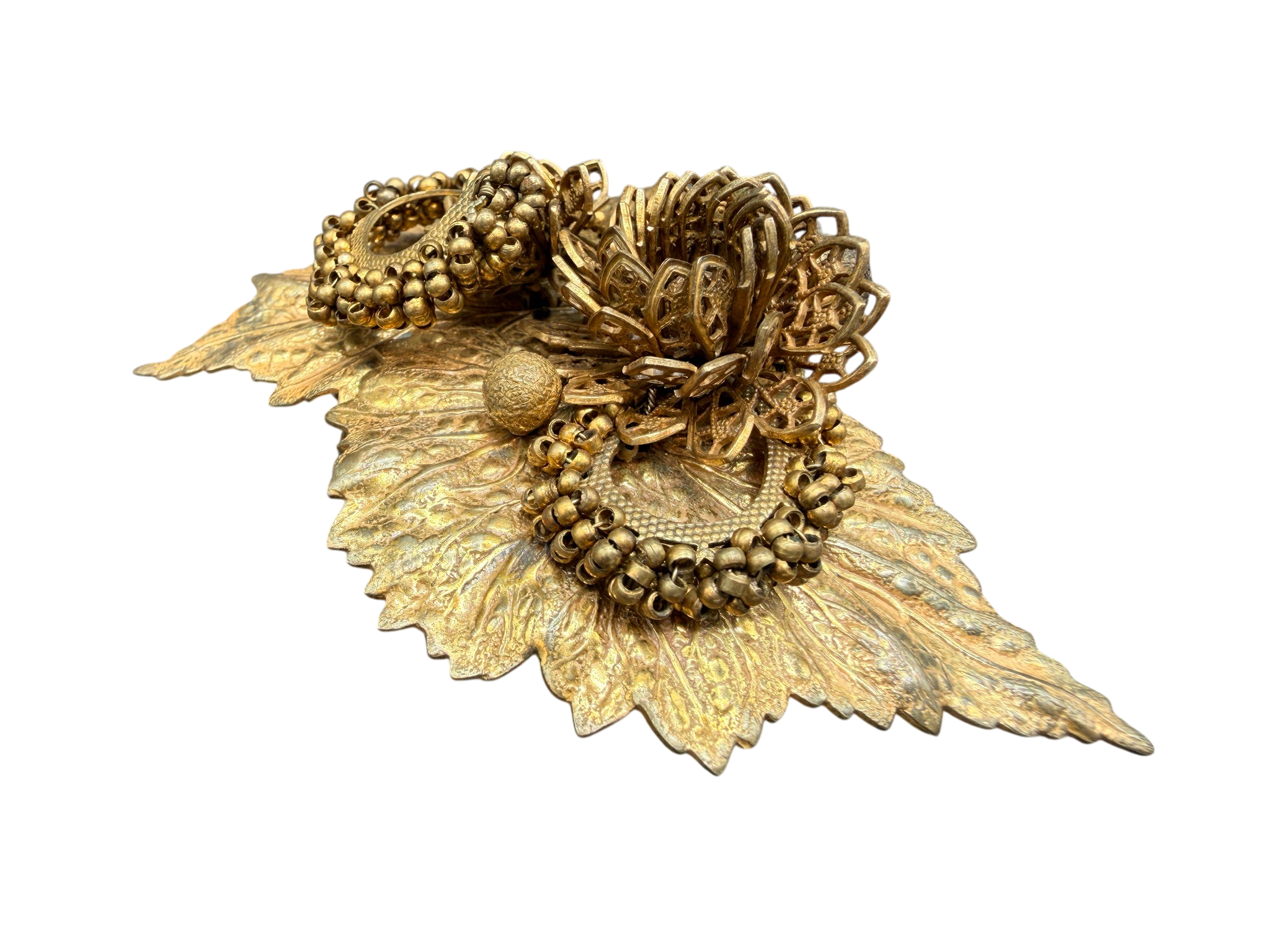 1950s Miriam Haskell Gold-Tone Double Leaf Brooch with Wire Flowers and Beads