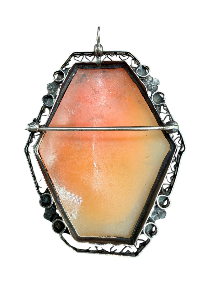 Antique 14K White Gold Filigree Pink Cameo Brooch/Pendant