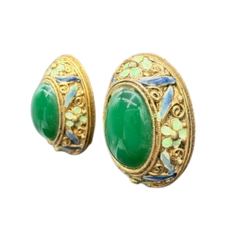 1940s Vermeil Jade Chinese Filigree Clip-On Earrings with Enamel Detail