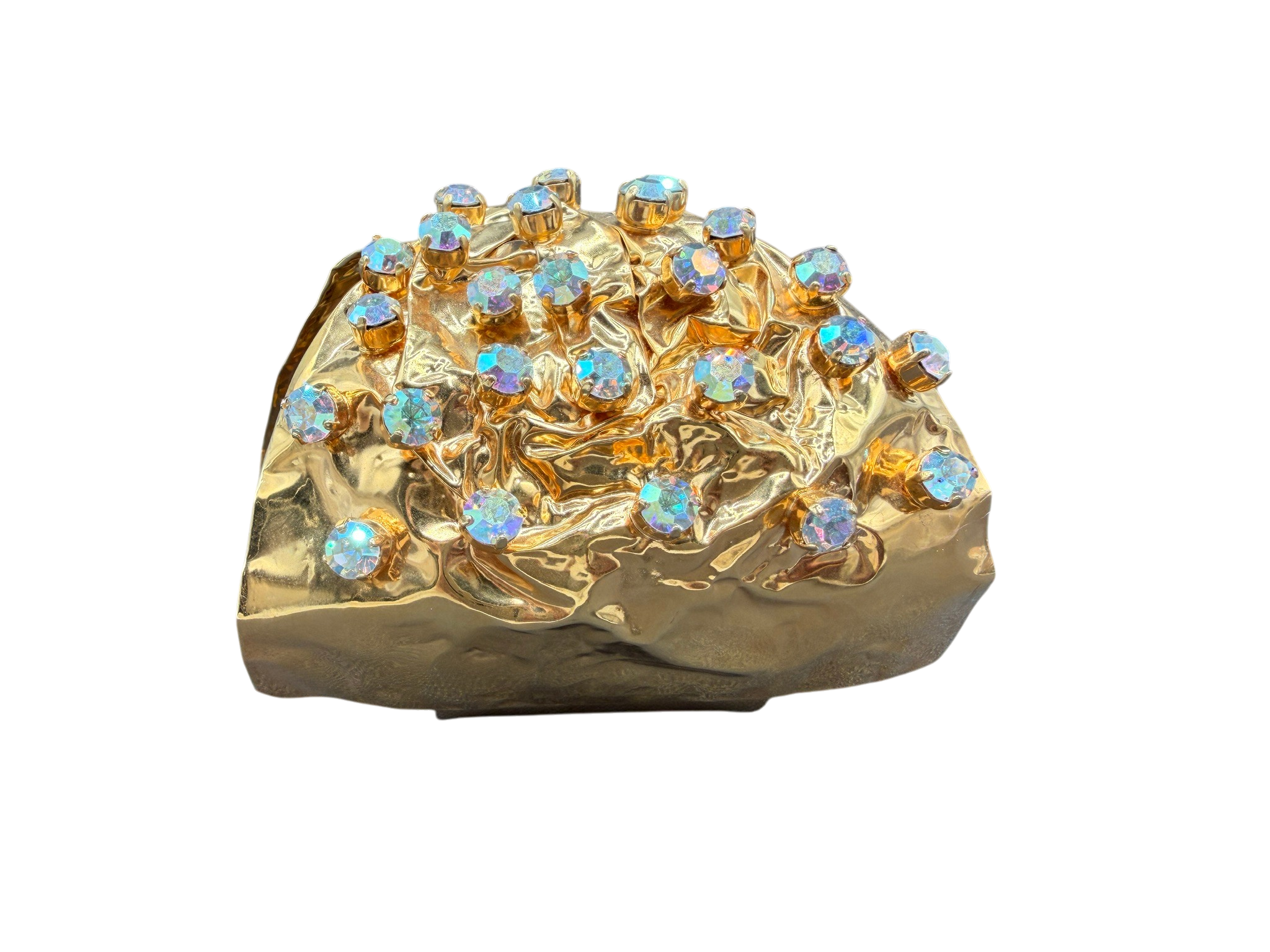 Rare 1980s Haute Couture Gianni De Liguoro Gold Crinkle Bow Cuff Bracelet with AB Swarovski Rhinestones