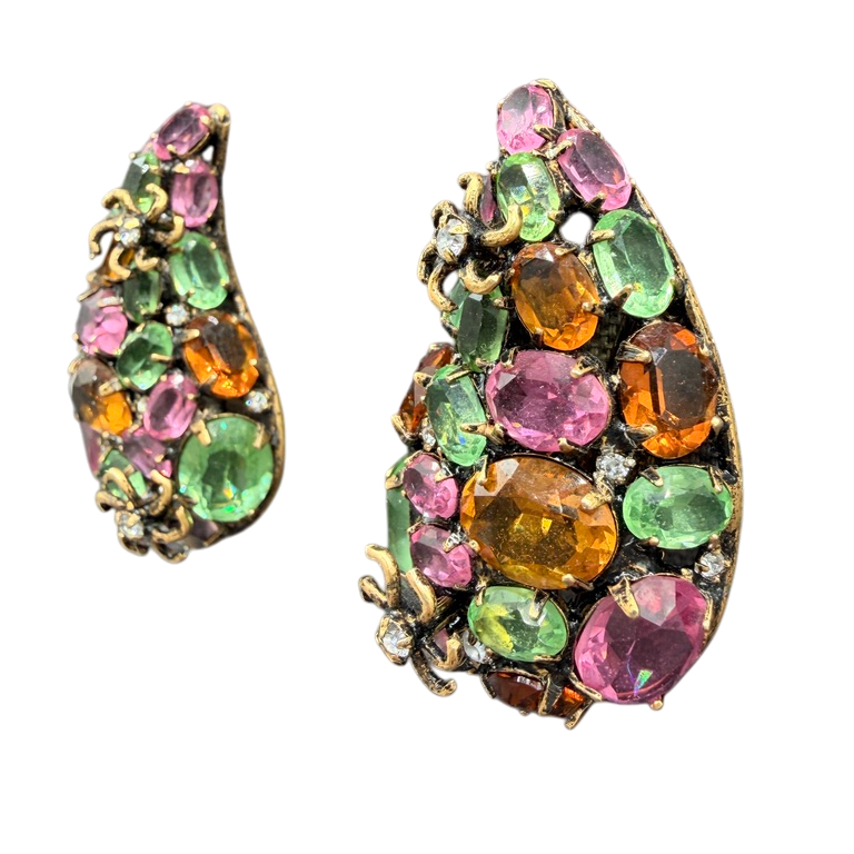1980s Iradj Moini Paisley-Shaped Clip Earrings with Colored Crystals