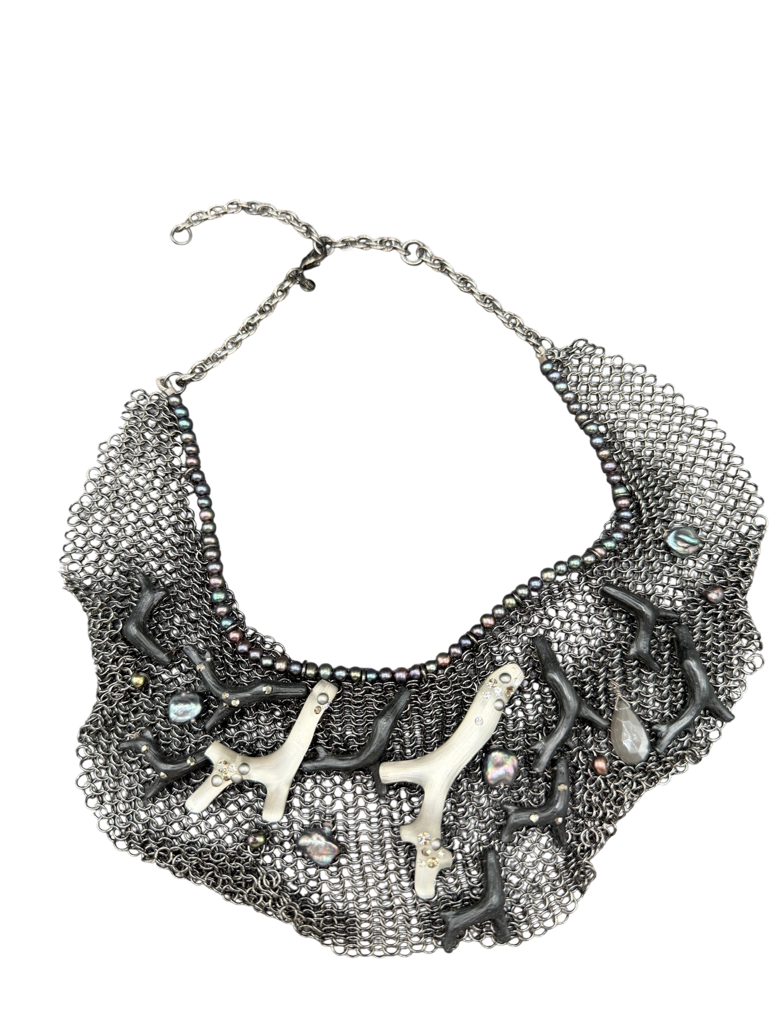 Rare 1980s Alexis Bittar Gunmetal Chain Mail Bib Necklace with Coral & Resin Peacock Accents