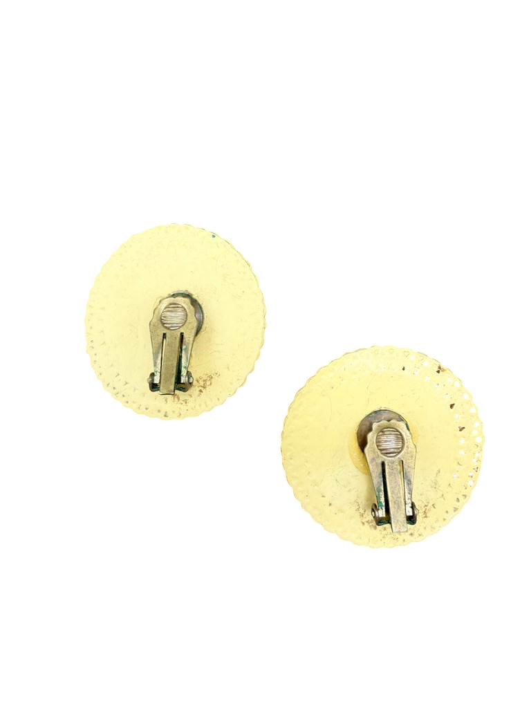 1950s Yellow Carved Celluloid Floral Clip Disc Earrings