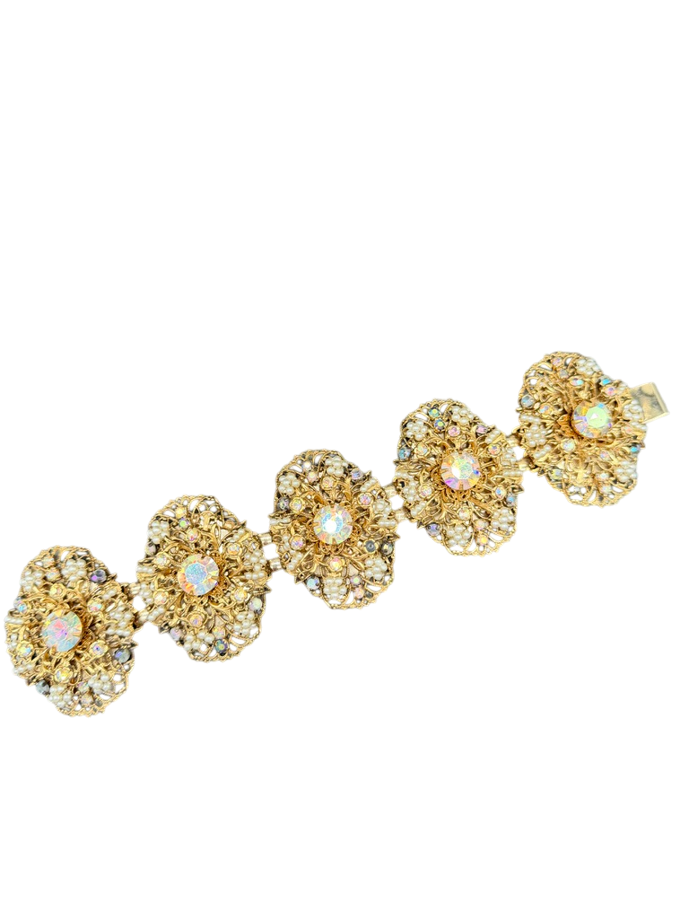 1950s Miriam Haskell AB Rhinestone & Faux Seed Pearl Statement Bracelet & Earring Set (Rare)
