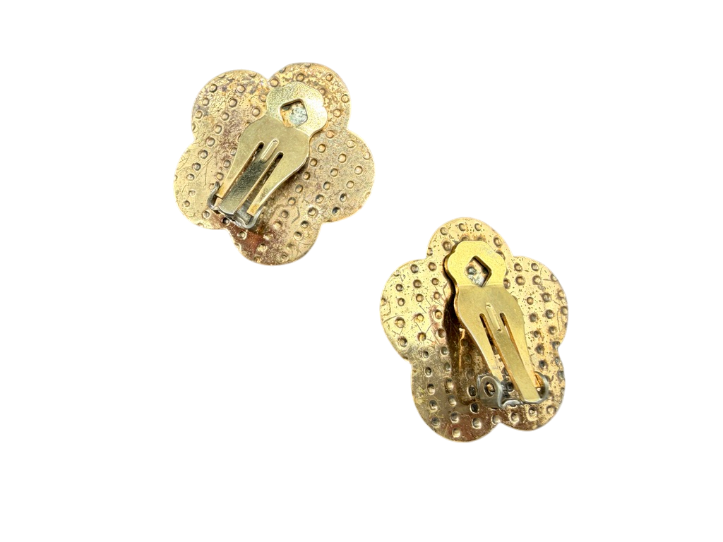 1980s Amy Kahn Russell Vermeil Etched Flower Clip Earrings with Sterling Center