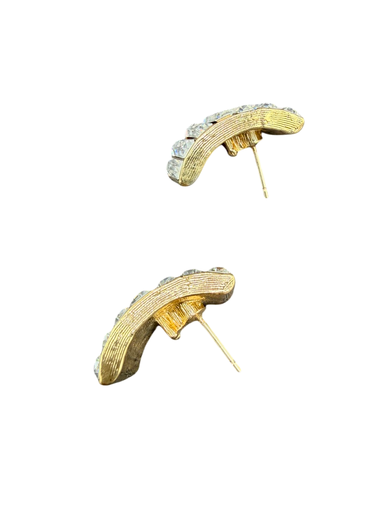 1980s Gold-Tone Half Hoop Earrings with Baguette Crystal Front