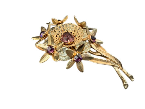 1950s Gold-Tone 3D Floral Brooch with Purple & Clear Rhinestones
