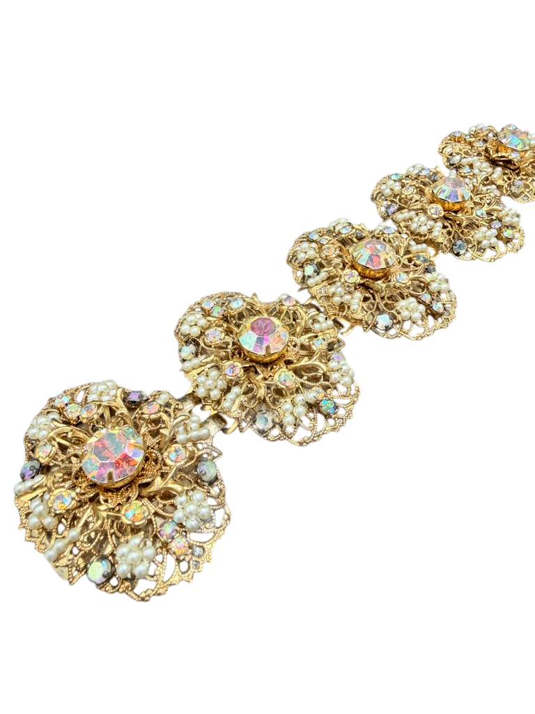 1950s Miriam Haskell AB Rhinestone & Faux Seed Pearl Statement Bracelet & Earring Set (Rare)