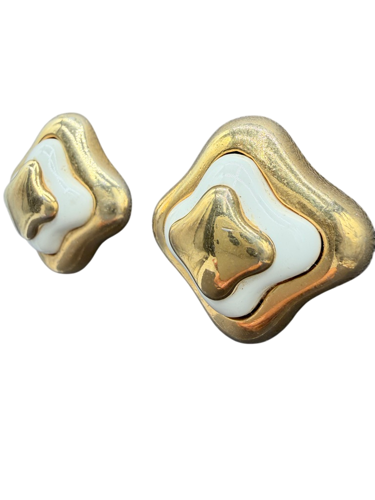 1980s Lanvin Gold-Tone Tiered Square Clip Earrings with Ivory Enamel