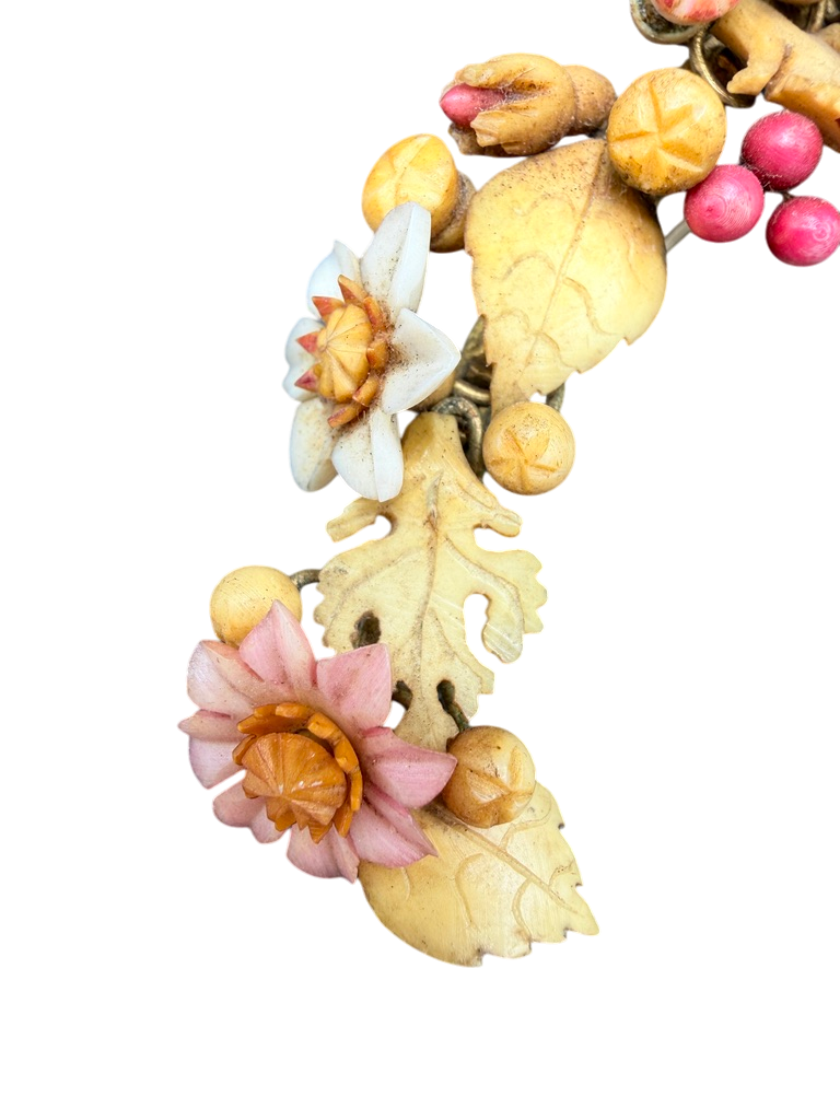 Antique 1900s Carved Bone Brooch with Henna-Dyed Floral Design