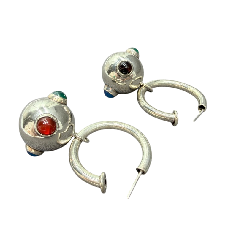 1970s Sterling Silver Hoop Earrings with Dangle Orb and Cabochon Stones