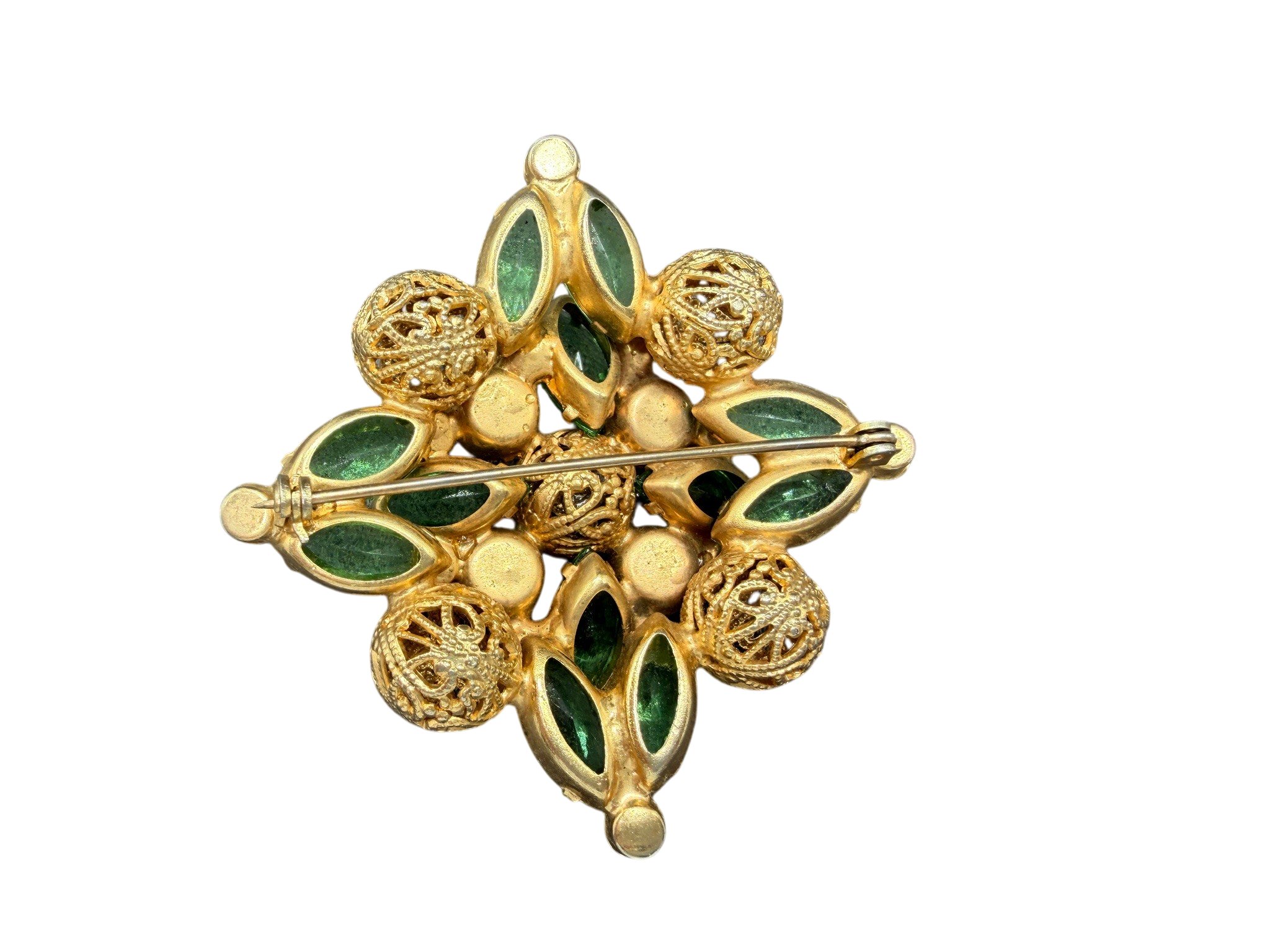 1950s Gold-Tone Diamond Shape Brooch with Filigree Beads and Green Austrian Crystals