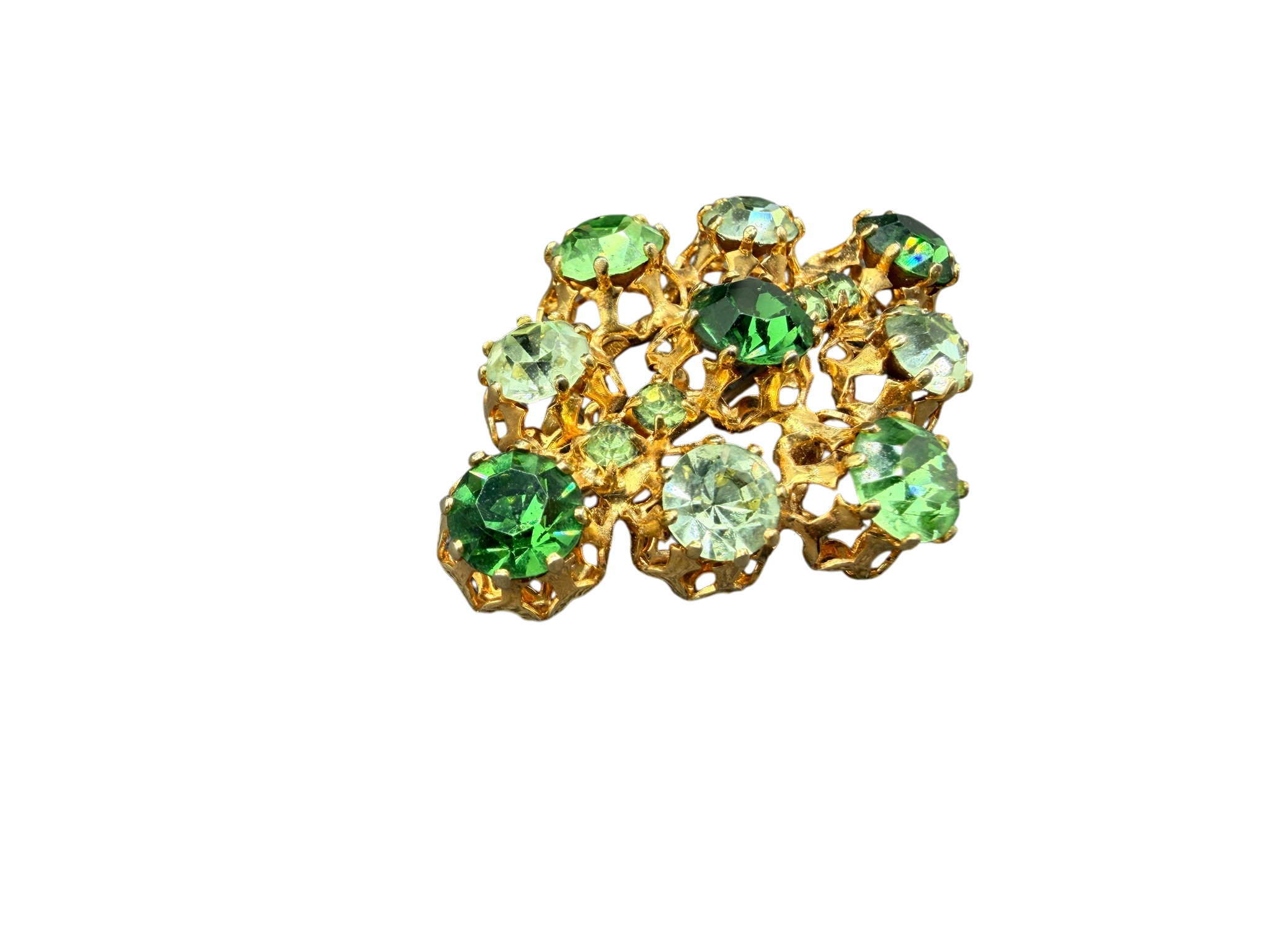 1950s Made in Austria Gold-Tone Diamond-Shaped Brooch with Green Austrian Crystals