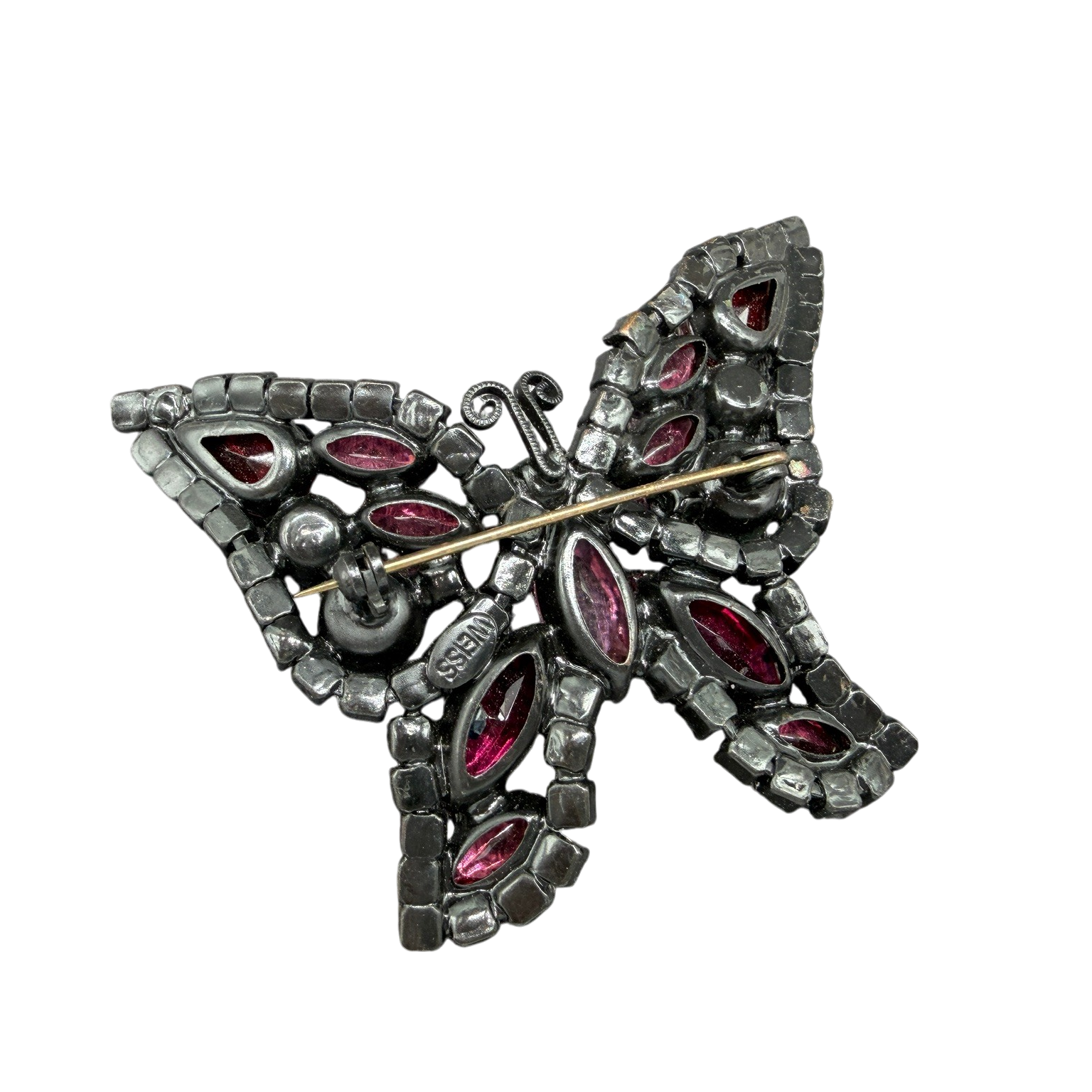 1950s Weiss Black Enamel Butterfly Brooch with Pink Austrian Crystals