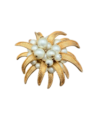 1960s Boucher Gold-Tone Spiked Leaf Tiered Brooch with Faux Pearls