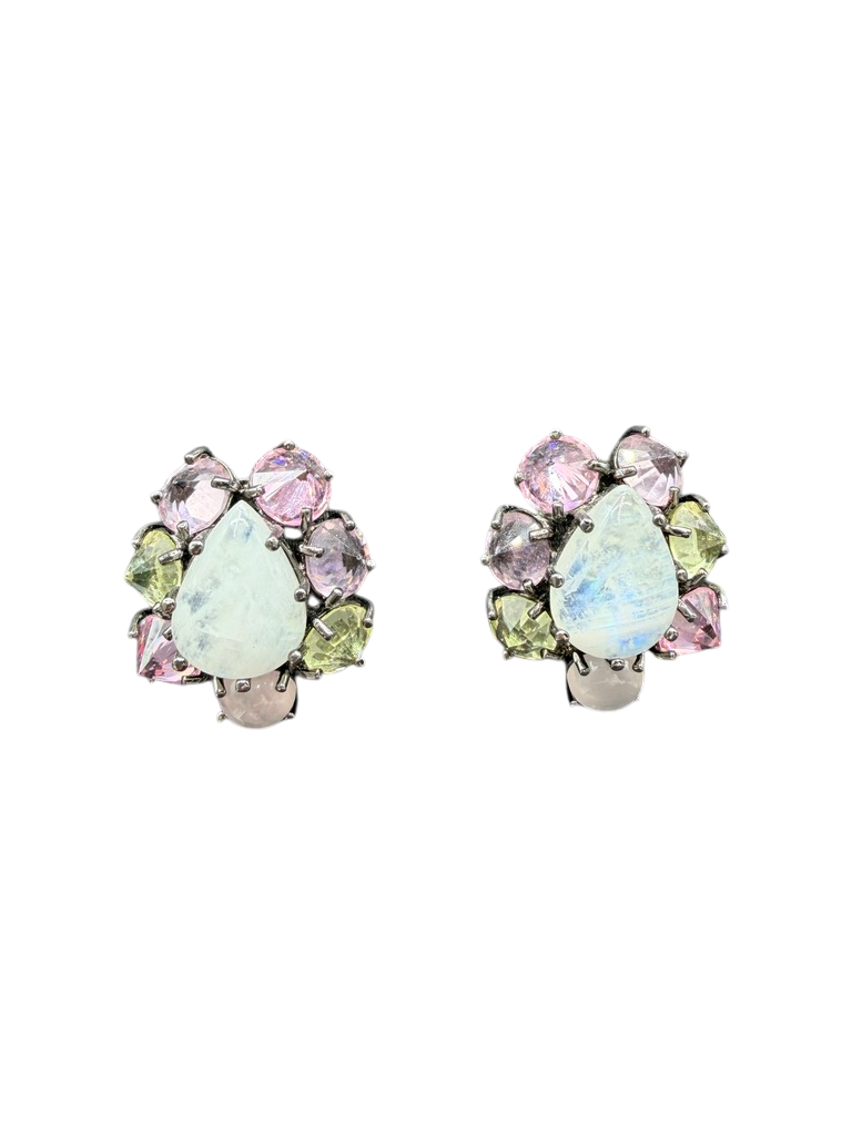 1980s Sterling Silver Teardrop Moonstone Clip Earrings with Pastel Crystals and Morganite